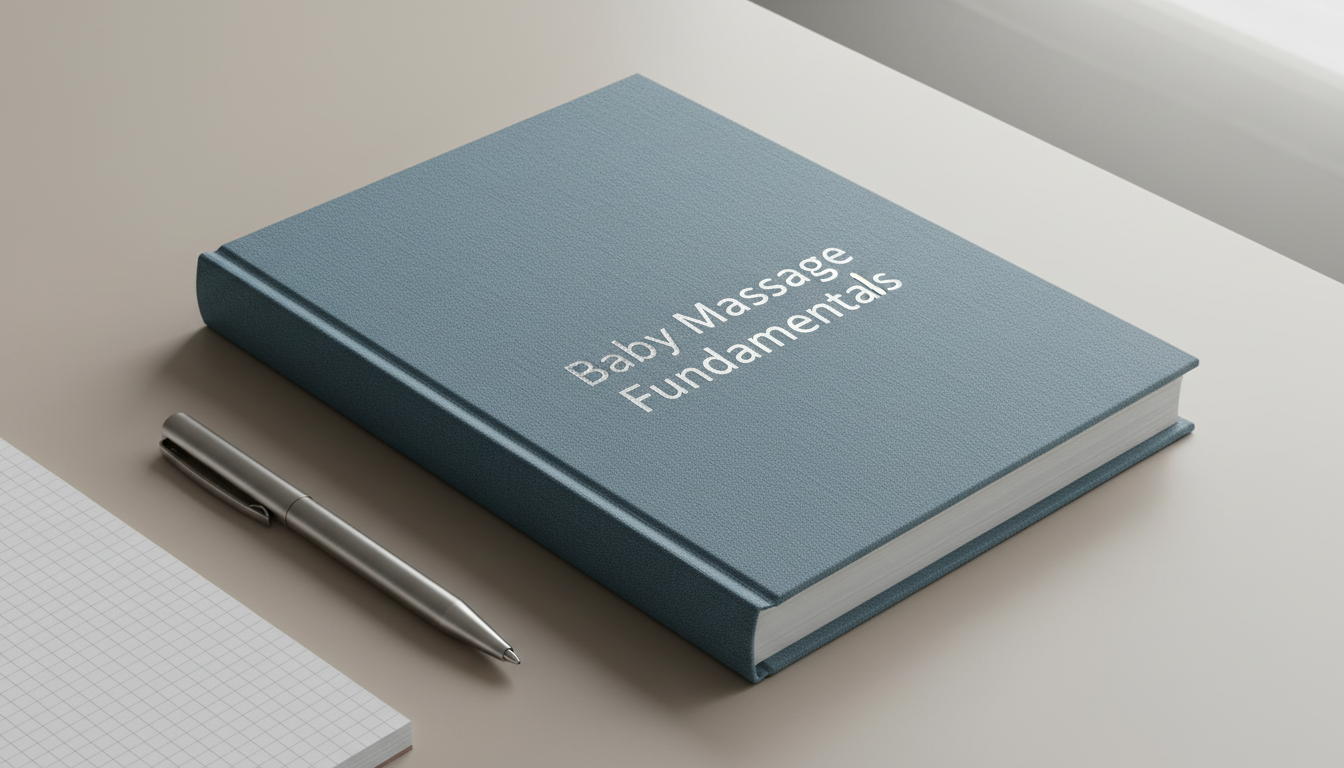 A close-up of a textured hardcover guidebook titled 'Baby Massage Fundamentals' with a refined linen cover in muted slate blue, its title lightly embossed in silver foil. The book rests at a gentle diagonal across a smooth, neutral desk surface with clean, straight lines. Adjacent to the book lies a sleek, brushed-metal pen and a subtly patterned notepad, adding professionalism without clutter. Soft, natural side lighting from the right casts crisp yet delicate highlights across the foil title, emphasizing clarity and detail. The mood is thoughtful and purposeful, and the composition uses asymmetrical framing to add contemporary interest. Overall, the image exudes a structured, corporate professionalism ideal for reinforcing knowledge and trust on the site.