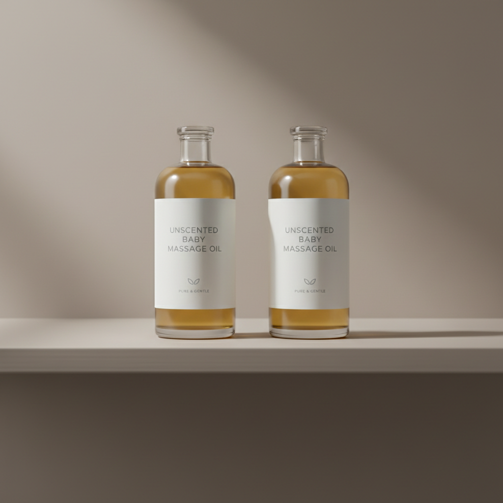 A pair of carefully arranged, premium-quality glass bottles of unscented baby massage oil with minimalist labels, showcased on a sleek, matte-finish wooden shelf. Behind, the background fades smoothly into a neutral taupe, providing a sophisticated contrast that accentuates the clarity and sheen of the glass. Soft, controlled studio lighting from above and to the side highlights the reflective surfaces while casting subtle, balanced shadows beneath the bottles. The composition is a close-medium shot at eye level, emphasizing the clean lines of the product and shelf. The mood is polished and trust-inspiring, with a clean, modern photographic style supporting the site’s professional focus on safe, effective baby massage routines.