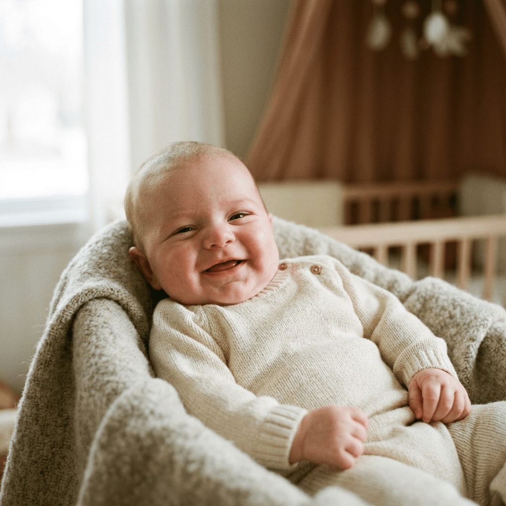 A smiling baby wearing a cream knit romper rests in a soft, textured seat.